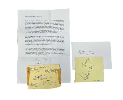 Autographs to include Rolling Stones including Mick Jagger, Bill Wyman, Keith Richard, Brian Jones plus Eden Kane. With prove