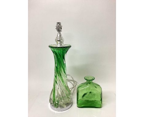 Good quality green and clear glass table lamp, 54cm including fitting, together with a green glass decanter (2)