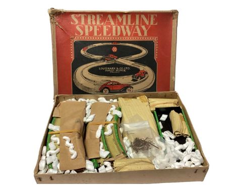 Louis Marx &amp; Co Ltd Streamline Speedway tinplate track and three cars, boxed E50, plus The Handicap Race spinning tinplat