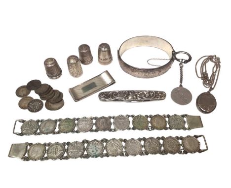 Group of silver jewellery and other items including a 1960s silver bangle, contemporary silver money clip, silver penknife, s