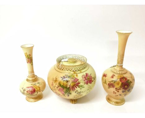 Royal Worcester blush ivory pot pourri and cover with gilded and floral decoration, 14cm high, together with two slender neck