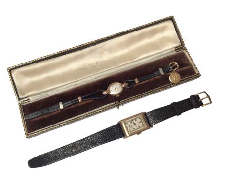 1930s gentlemen's 9ct gold 'Derrick' wristwatch on leather strap and a 1940s ladies Longines 9ct gold wristwatch on leather c