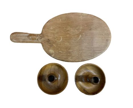 Mouseman chopping board and a pair of collapsible olive wood candlestick
