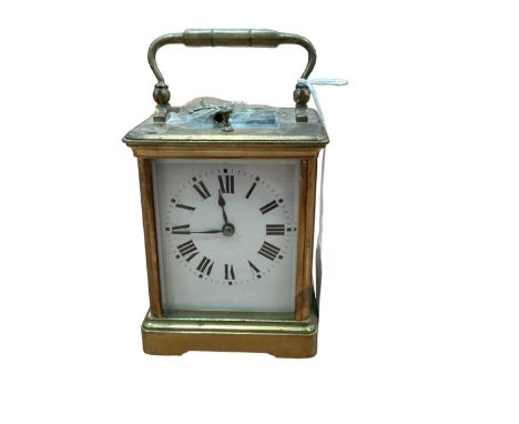 Old brass repeating carriage clock striking on gong with key 16cm