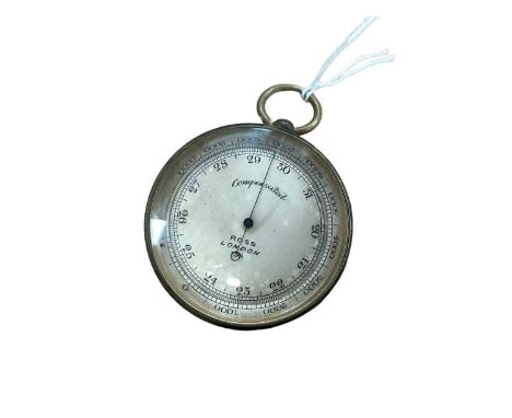Edwardian Brass cased pocket barometer by Ross, London with engraved inscription to reverse, dated 14th April 1904