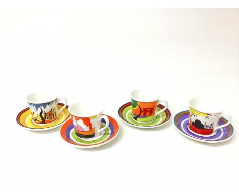 Seven Wedgwood Clarice Cliff limited edition Cafe Noir cups and saucers - Red Autumn, Tulip, Monsoon, Garden Blue, Fantasque 