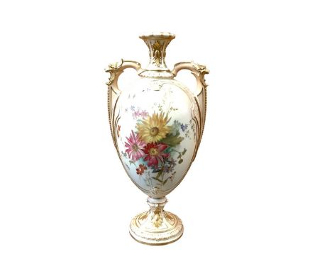 Royal Worcester blush ivory twin handled vase with gilded and floral decoration, numbered 2330, 32cm highGood overall conditi