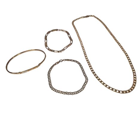 9ct gold flat curb link necklace, two 9ct gold bracelets and a 9ct gold bangle (4)Total weight 27.8 grams