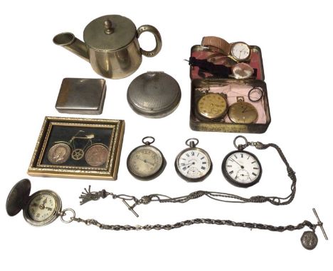 Two silver cased pocket watches, other watches, two white metal fancy link watch chains, pocket barometer, compass and sundri