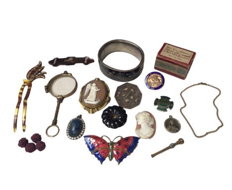 Group of antique and vintage jewellery including a white metal enamelled bangle, cameo brooch, other brooches, pair of gold p