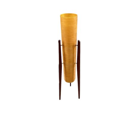 Rocket lamp with yellow shade, 113cm highAppears to be in good condition. Unfortunately the wire has had to be cut so it will