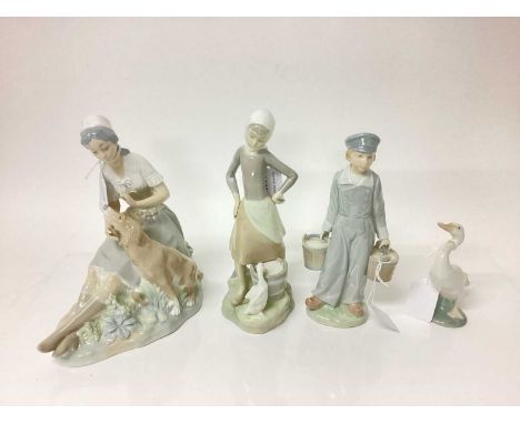 Two Lladro porcelain figures, Lladro goose and a Nao figure of a lady with dog (4)