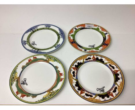 Eight Wedgwood Clarice Cliff limited edition Cafe Chic dessert plates - Windmill, Blue Firs, May Avenue, Brookfields, Red Tre