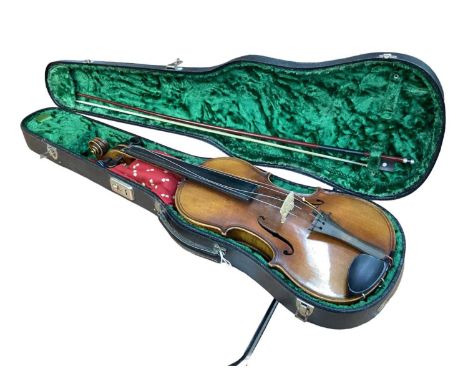 Antique violin and bow in case - two piece backUnfortunately there is no label inside this violinViolin is 60cm and 37cm to t