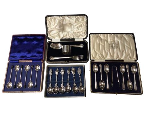 Set of six silver bean end coffee spoons, set of six silver teaspoons and pair of sugar tongs, silver tablespoon, fork and na