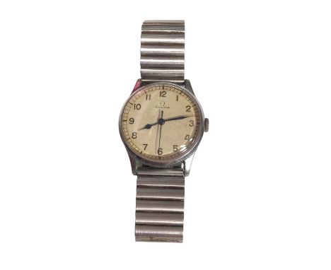 Late 1940s/early 1950s Omega wristwatch with off-white dial, Arabic numeral hour markers and blue steel hands in a Dennison s