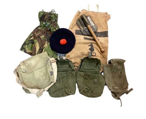 1960s British military trenching tool, canvas webbing items and various camouflage and other uniform (1 box).