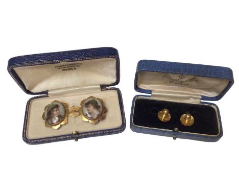 Victorian 18ct gold mounted portrait miniature brooch with two oval ceramic panels depicting two portraits, named and dated o