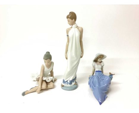 Six Nao porcelain figures including lady in white dress, 31cm high, ballerina, girl holding a pink flower etc