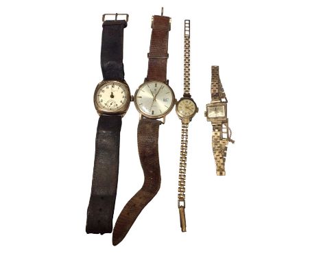 Two 9ct gold vintage ladies wristwatches on 9ct gold bracelets and two 9ct gold cased wristwatches on leather straps (4)Two 9