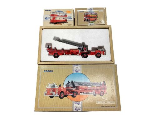 Die cast Corgi larger boxed models including fire engine, trams, coaches etc. In two boxes.