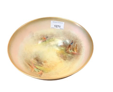 Royal Worcester bowl with hand painted pheasant decoration, signed Jas Stinton, 17.5cm diameterThere is an area of tiny bubbl