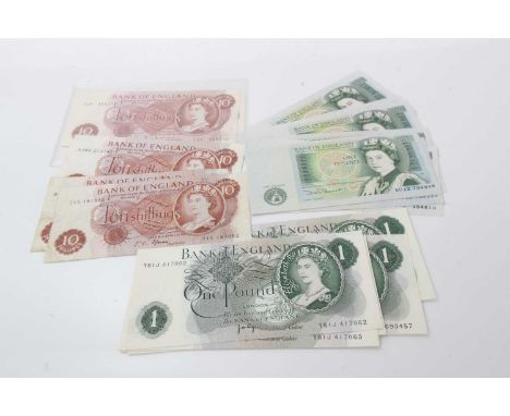 G.B. - Mixed banknotes to include Ten Shilling red brown, K. O'Brien prefix H71Y x 2 GVF-AEF, Hollem prefix Y23 EF, One Pound