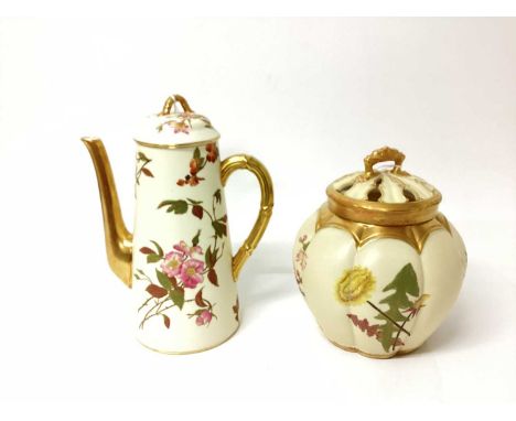 Royal Worcester pot pourri with gilded and floral decoration, numbered 1313, 20cm high, together with a coffee pot, 25cm high