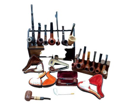 Collection of smoking pipes and accessories, mostly new, including a good quality cased set of two, as well as Peterson and m