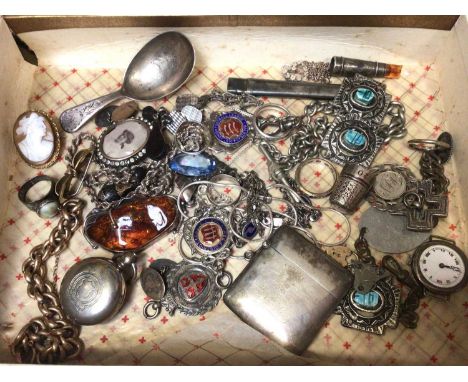 Group of antique and vintage silver and white metal jewellery, fobs, caddy spoon, vesta case, two pairs of old spectacles in 