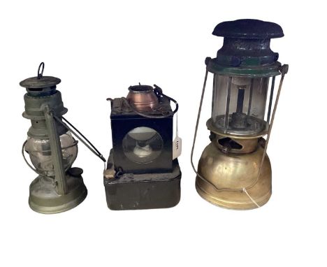 Brass Tilley lamp, LNER railway lamp and one other (3).