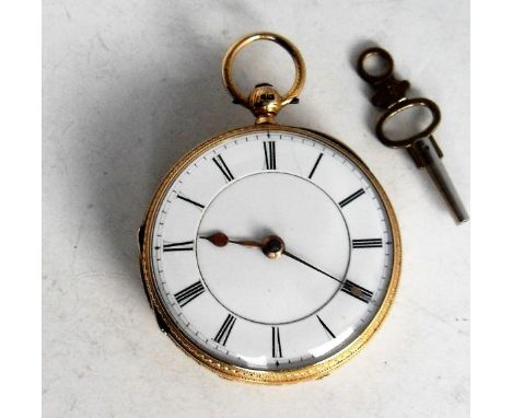 An 18ct gold embossed key wind English fusee lever pocket watch. The white enamel dial, 38mm diameter, with gold hands, Roman
