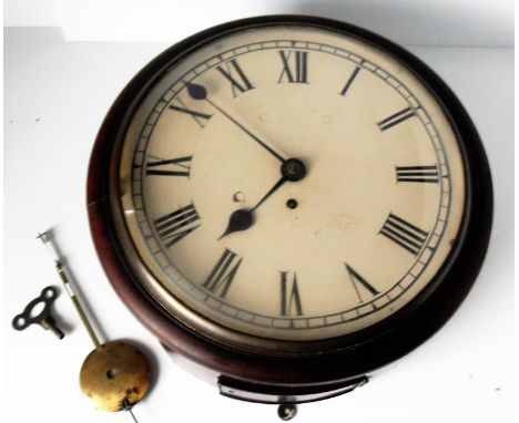 A 19th century mahogany-framed wall clock with eight-day single chain fusee movement, 38cm diameter, white enamel dial with R