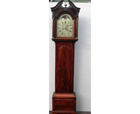 A George III mahogany 8-day moon phase longcase clock, silvered dial, date aperture with Roman and Arabic numerals to outer d