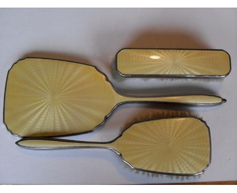 An Art Deco silver plated and enamel mirror and brush set with a vintage Guerlain perfume bottle, 17 cm H (4) 