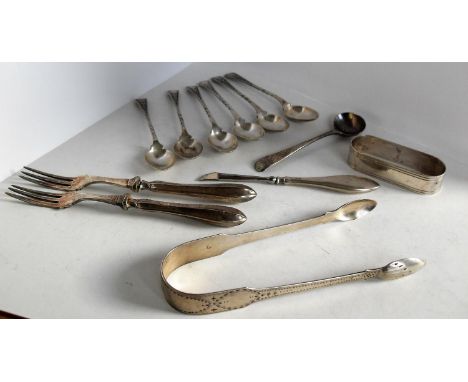 A George III bright-cut  sugar tongs, 1790, 14 cm long, a George III mustard spoon, six Victorian coffee spoons by Roberts & 