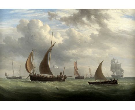William Joy (British, 1803-1867)Fishing vessels in busy waterssigned 'W.JOY' (on the right-hand boat's name plate)  oil on ca