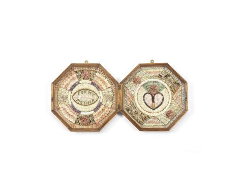 A SHELL-WORK SAILOR'S DOUBLE VALENTINE, 'FOR MY MOTHER', BARBADIAN, 19TH CENTURY,the hinged octagonal mahogany cases mounted 