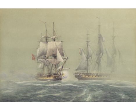 Derek George Montague Gardner (British, 1914-2007)Raison, twenty guns, in action with the forty gun frigate Vengeance, 20th A