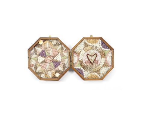 A SHELL-WORK SAILOR'S DOUBLE VALENTINE, BARBADIAN, 19TH CENTURY,the hinged octagonal mahogany cases mounted with geometric de