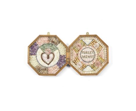 A SMALL SHELL-WORK SAILOR'S DOUBLE VALENTINE 'FORGET ME NOT', BARBADIAN, 19TH CENTURY,the hinged octagonal cases mounted with