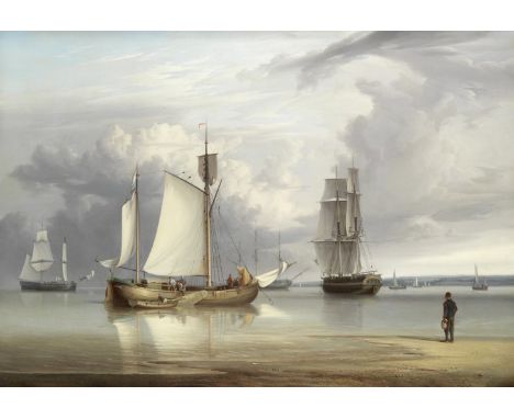 William Joy (British, 1803-1867)A Dutch galliot and other vessels in calm conditions on a British shorelinesigned 'W.JOY' (on