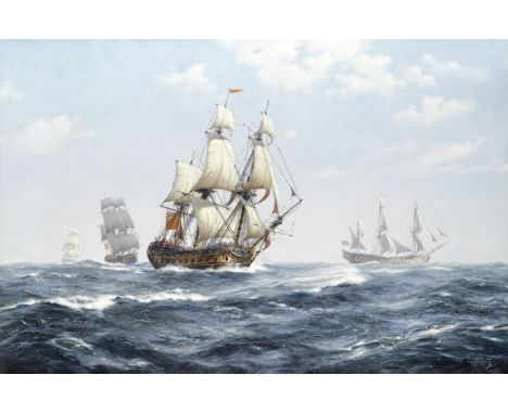 Derek George Montague Gardner (British, 1914-2007)HMS Centurion (1774) in open waters accompanied by other fourth rate ships 