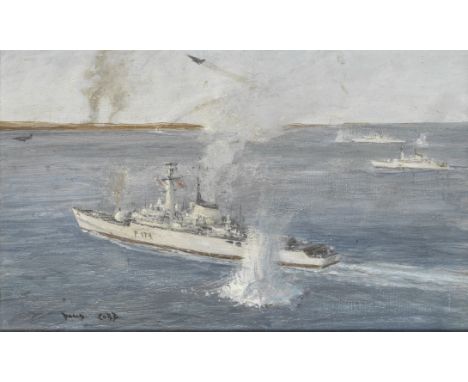 David Cobb (British, 1921-2014)The Falklands War: HMS Alacrity under fire and a view with smouldering eartha pairboth signed 