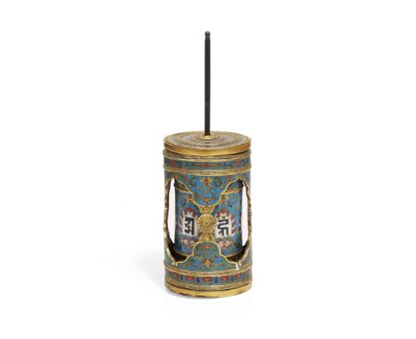 A CLOISONNÉ ENAMEL TIBETAN-STYLE PRAYER WHEELQianlongComposed of a cylindrical wheel on a spindle decorated with lanca charac