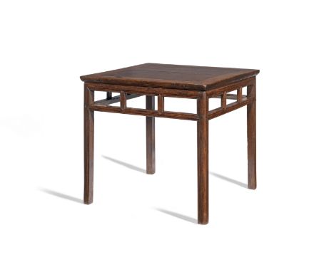 A HUANGHUALI AND BURLWOOD-INSET SQUARE TABLE, BANZHUO19th century The table with the top burlwood panels set within the wide,