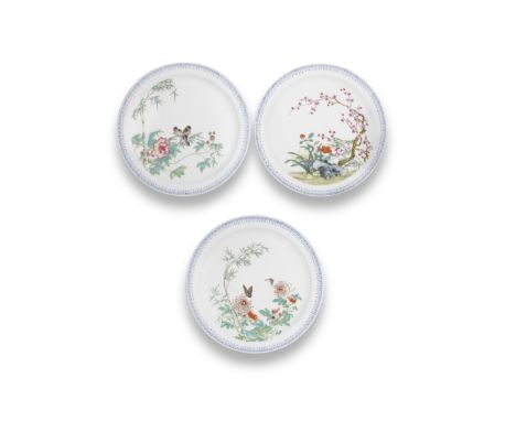 A SET OF THREE FAMILLE ROSE PLATESQianlong seal marks, Republic PeriodEach enamelled with sparrows amidst bamboo and peony, b