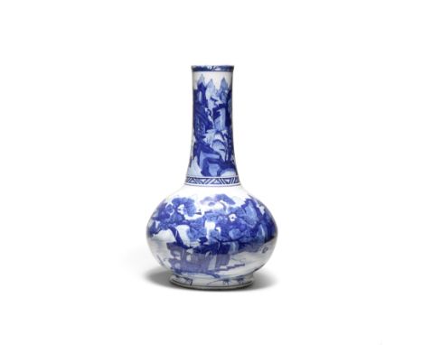 AN UNUSUAL LARGE BLUE AND WHITE 'RIVER LANDSCAPE' BOTTLE VASEQing DynastyThe vessel delicately painted around the compressed,