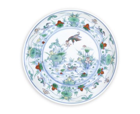 A DOUCAI 'LOTUS AND MANDARIN DUCKS' DISHChenghua six-character mark, YongzhengFinely painted to the interior with a medallion