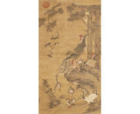 After Lu Ji (1477-?)Phoenix and PaulowniaInk and pigment on silk depicting phoenix and other birds beside a large paulownias 